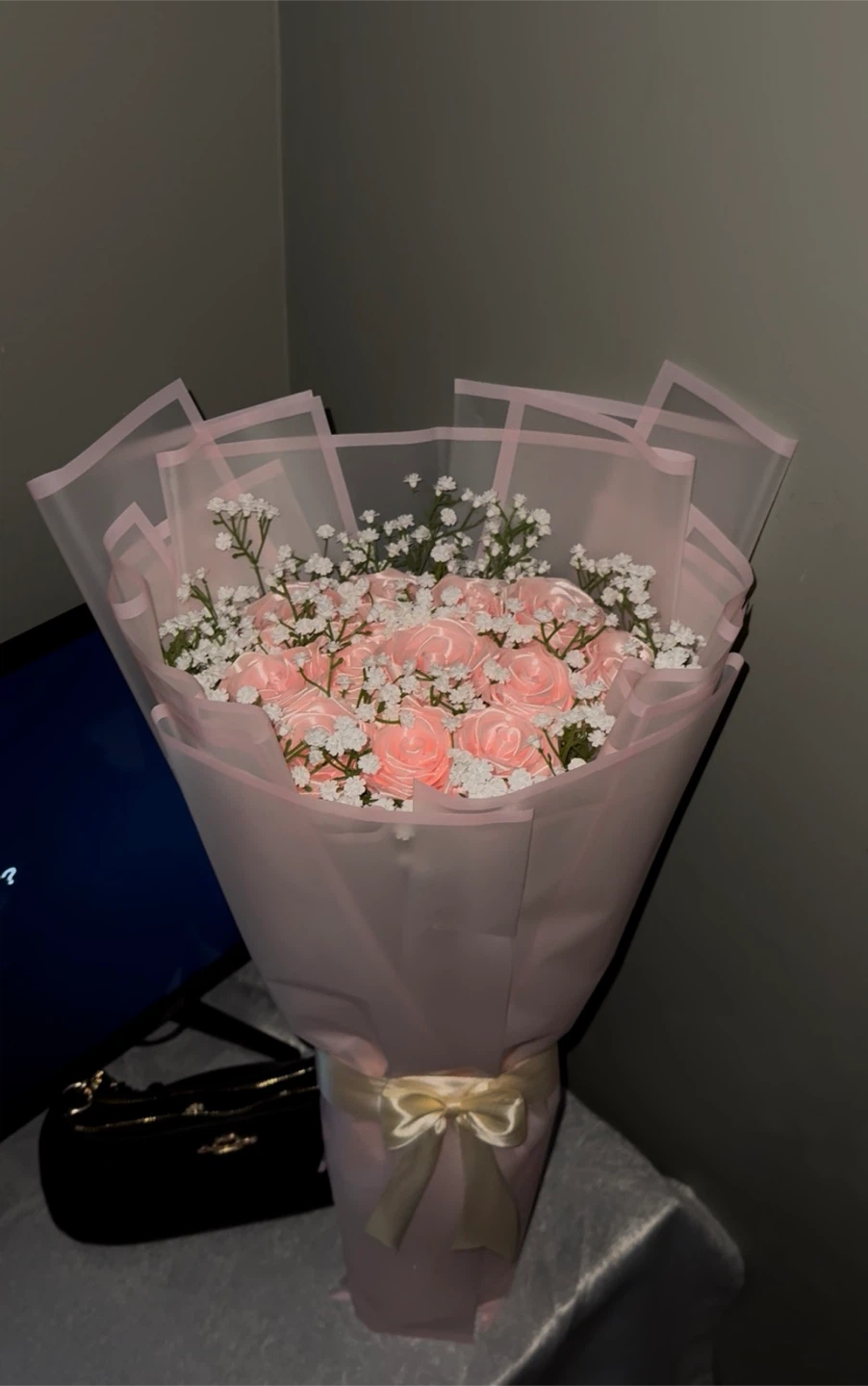 Pink Rose and Baby's Breath Artificial Flower Bouquet - photo 3