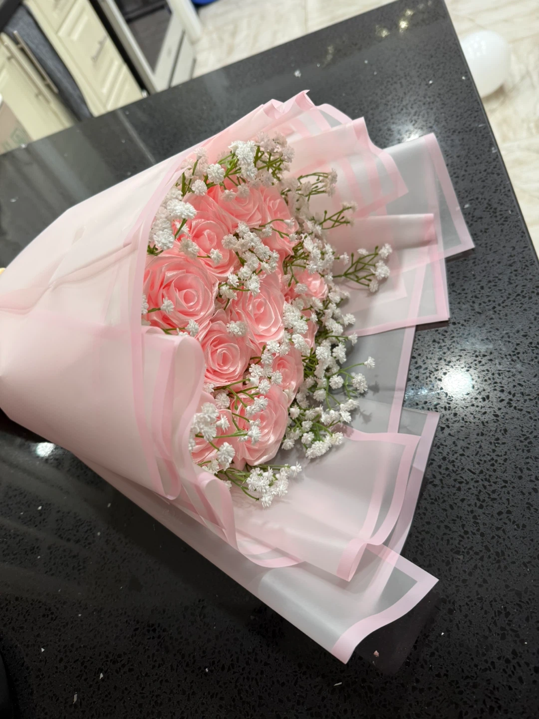 Pink Rose and Baby's Breath Artificial Flower Bouquet