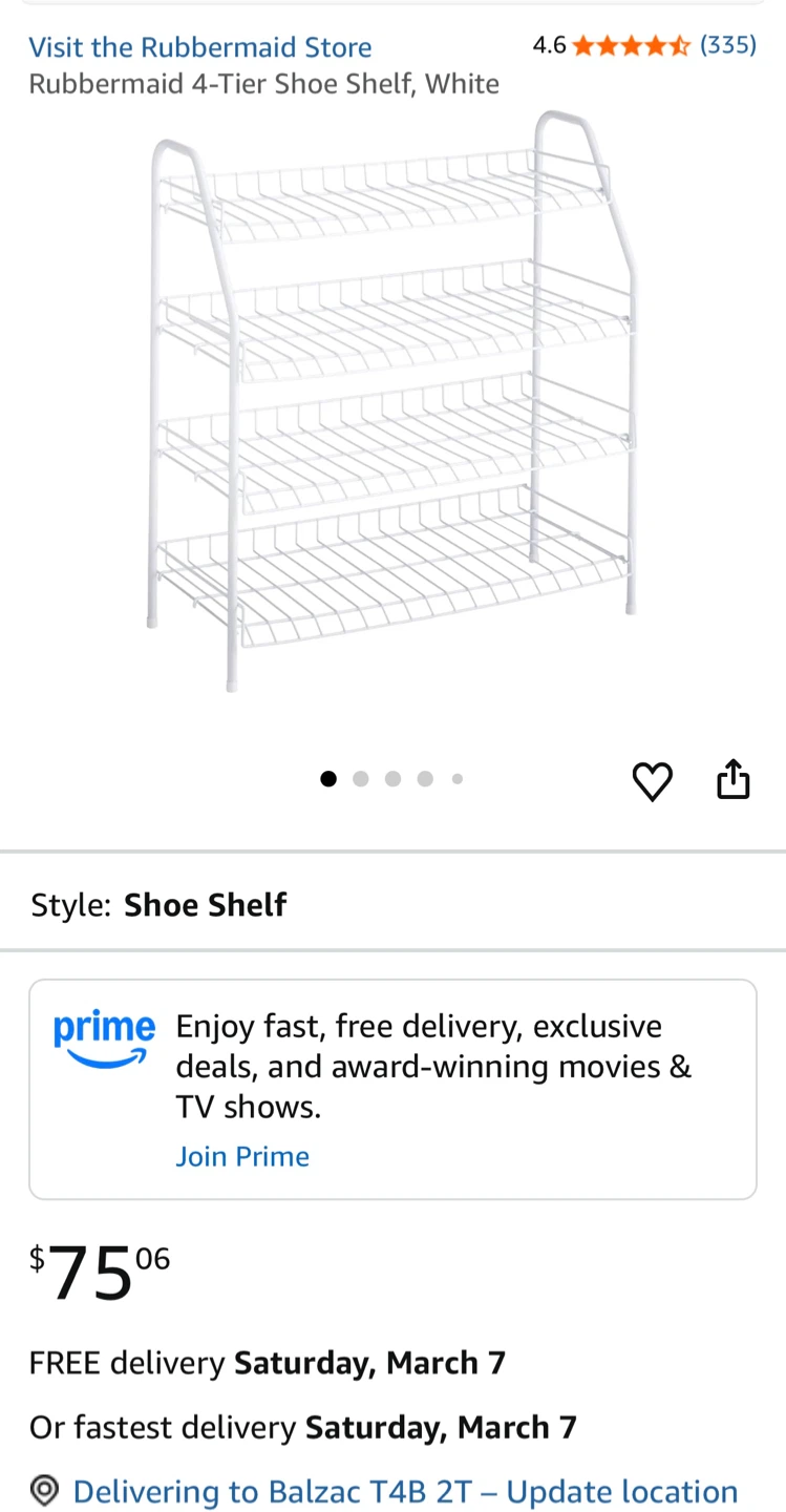 Rubbermaid 4-Tier Shoe Shelf, White