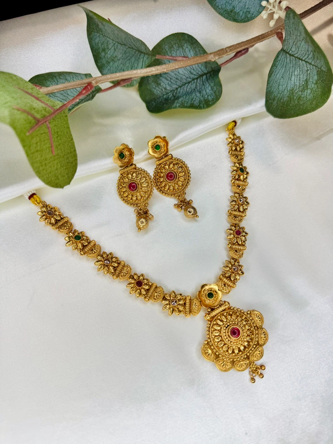 Gold plated Necklace and Earring Set with Red and Green Stones