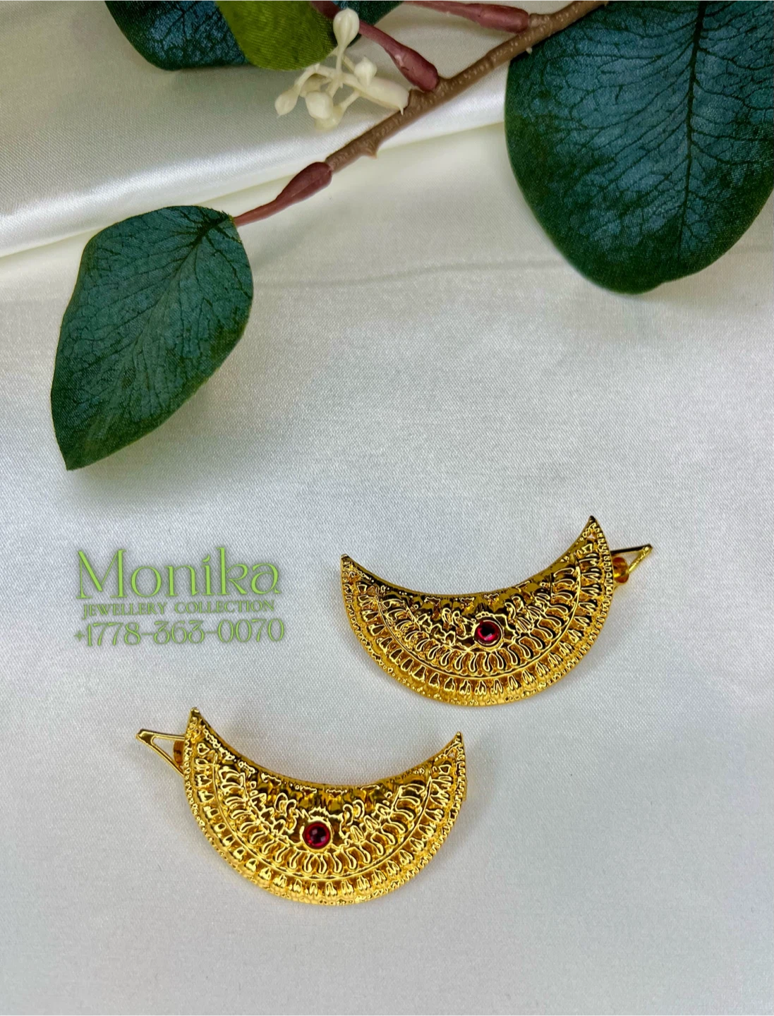 Gold plated moon Hair Clips with Red Stones