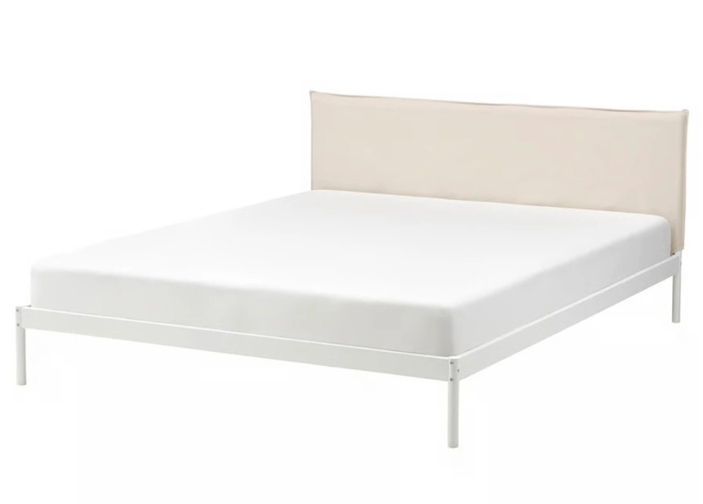 White Metal Bed Frame with Beige Headboard