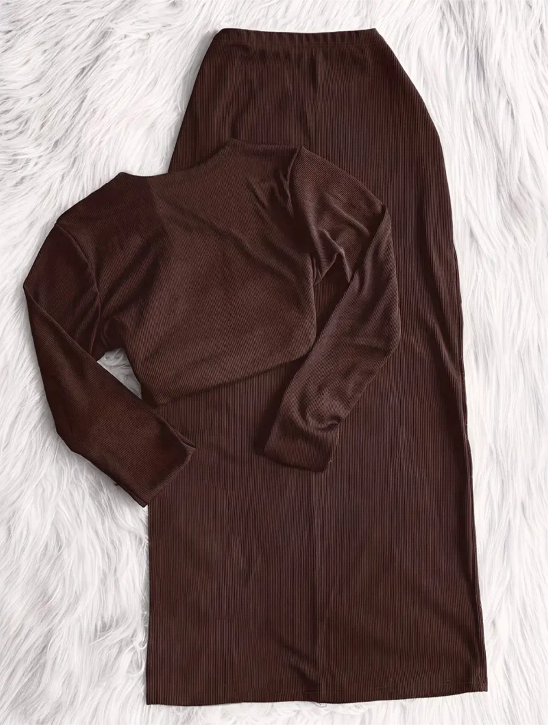 New Brown Ribbed Crop Top and Maxi Skirt Set