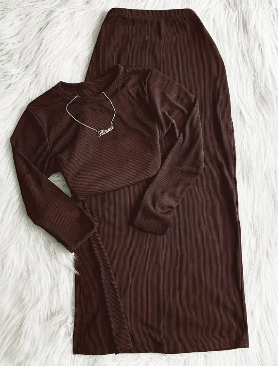 New Brown Ribbed Crop Top and Maxi Skirt Set - photo 3