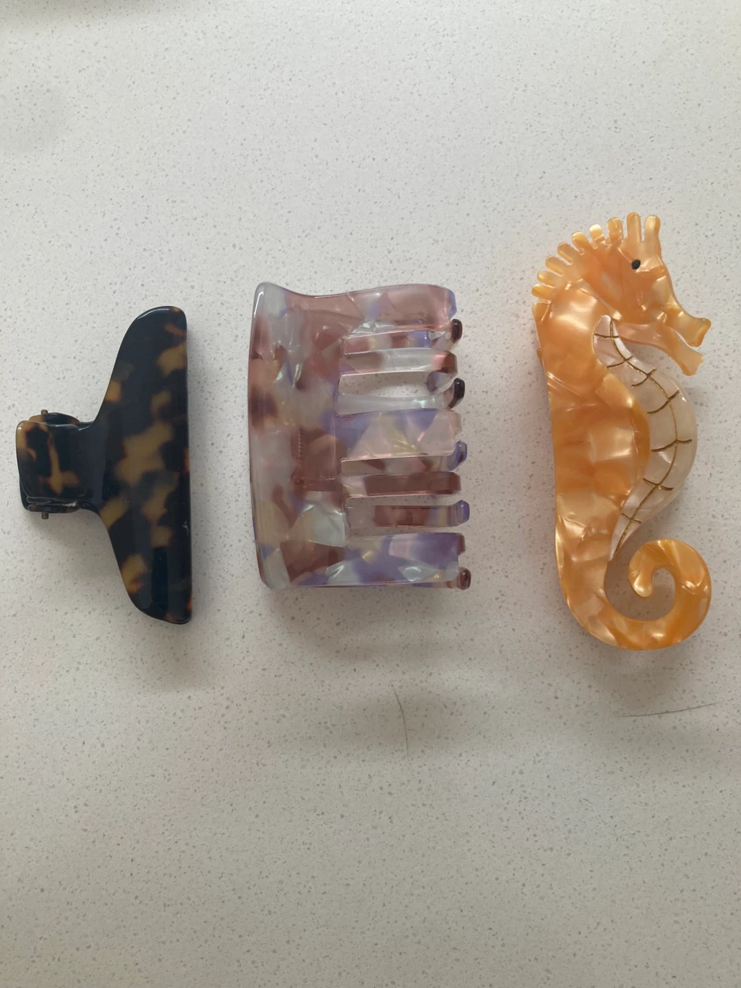 Set of 3 New Resin Hair Claw Clips - Seahorse, Tortoise, Marble