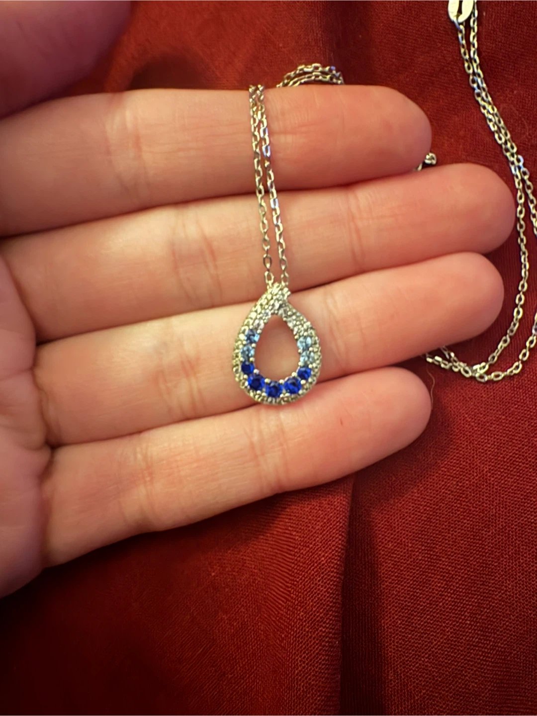 Silver Tone Teardrop Necklace with Blue and Clear Stones