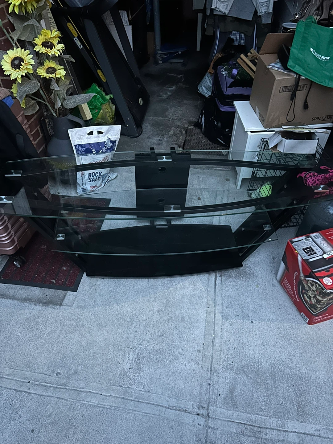 Glass TV Stand with Black Metal Frame