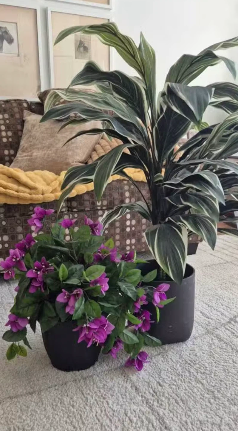 Artificial Green and Purple Plants with Black Pots