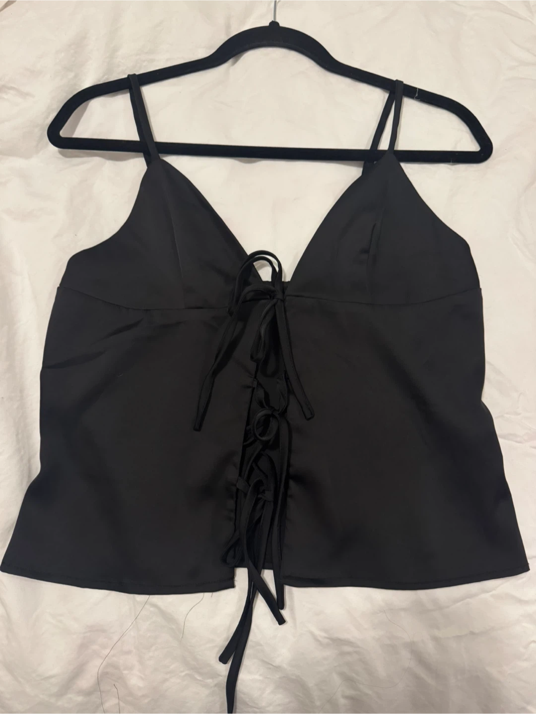 Black Satin Tank Top with Lace-Up Front - M