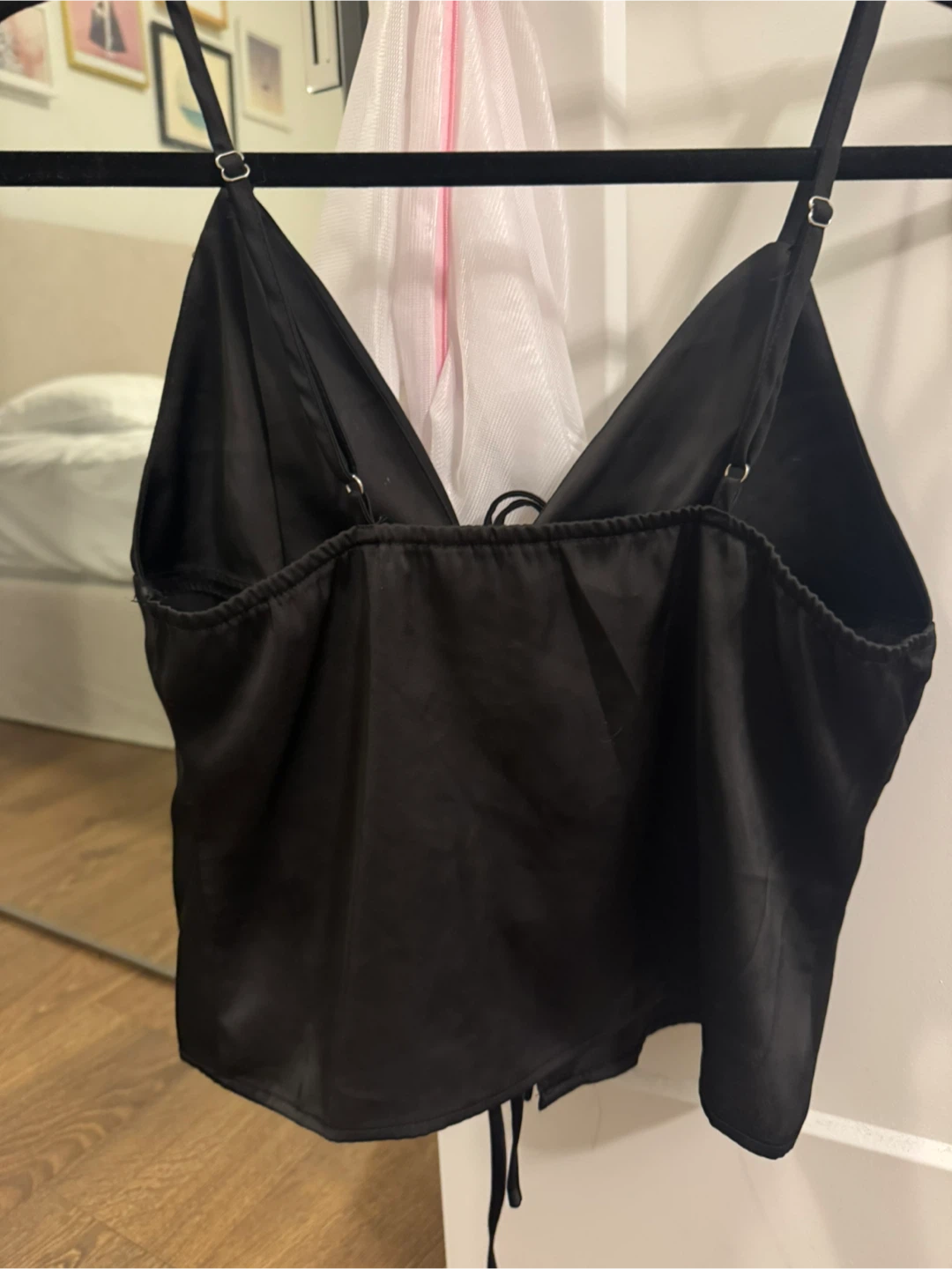 Black Satin Tank Top with Lace-Up Front - M - photo 2