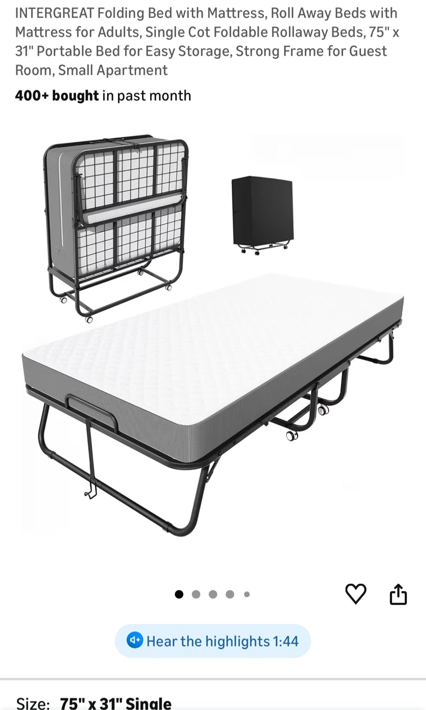 Folding Bed with Mattress - Single Cot Rollaway