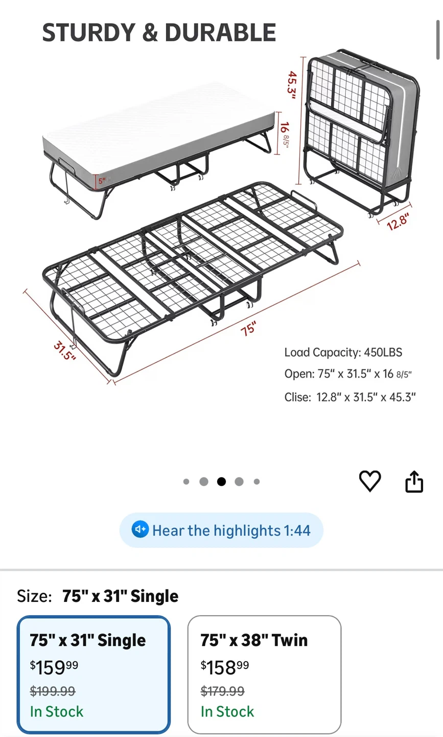 Folding Bed with Mattress - Single Cot Rollaway - photo 2