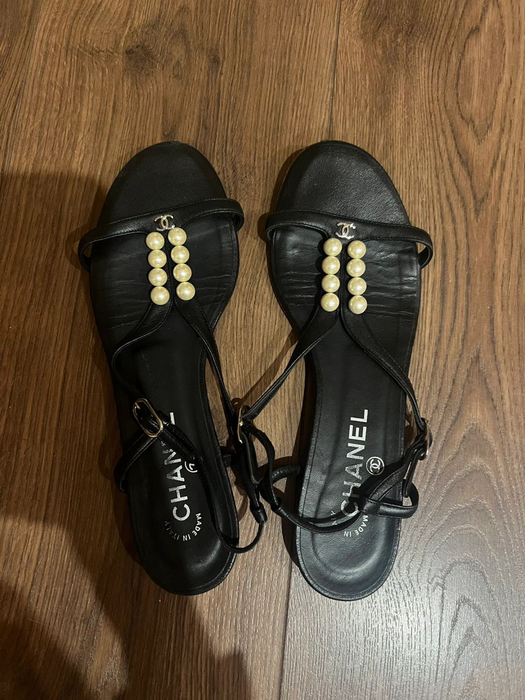 Chanel Black Leather Pearl Sandals
