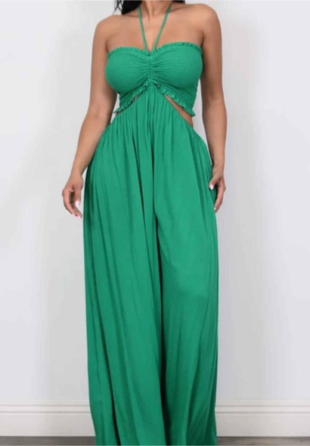 NEW! Loragal Halter Neck Smocked Bodice Cutout Wide Leg Jumpsuit