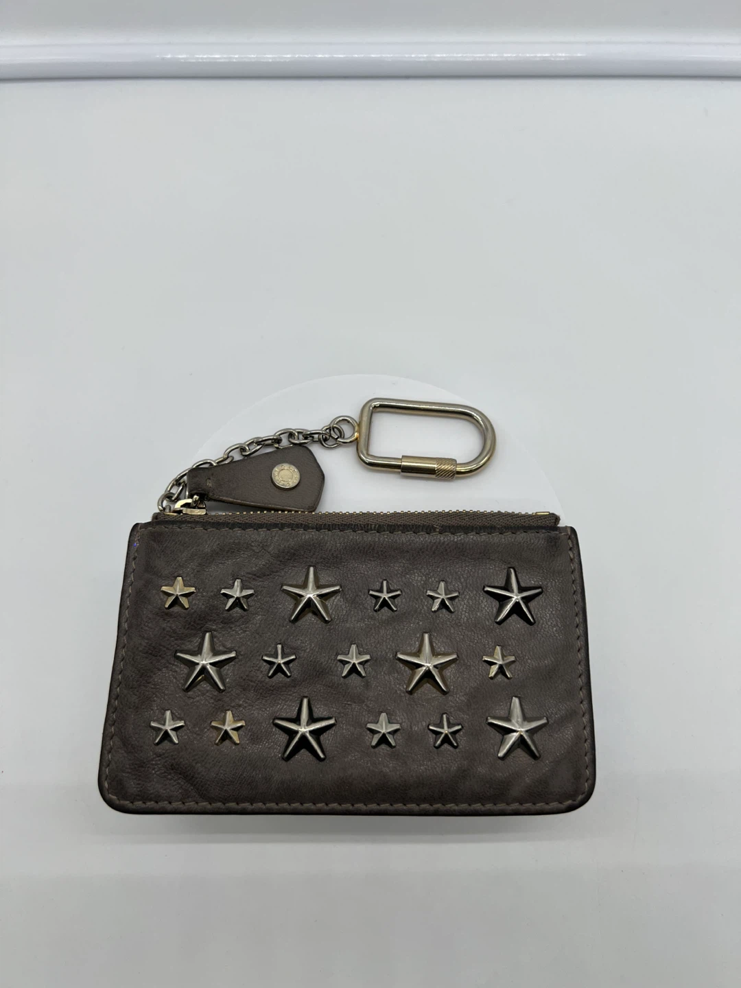 JIMMY CHOO Nancy Star Studs Gray Leather Pouch Wallet Key Chain