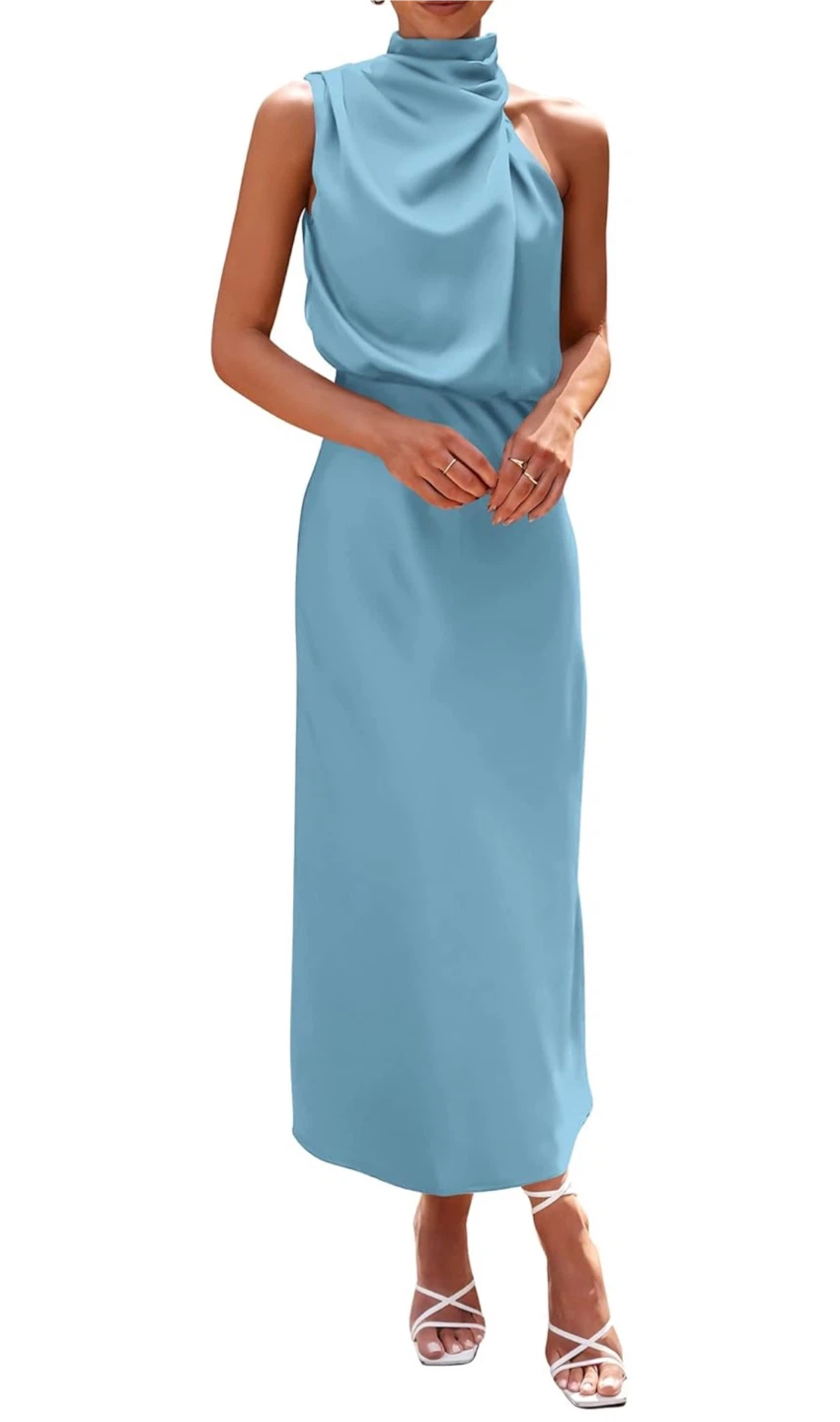 NEW! PRETTYGARDEN Satin Elegant Sleeveless Mock Neck Maxi Dress