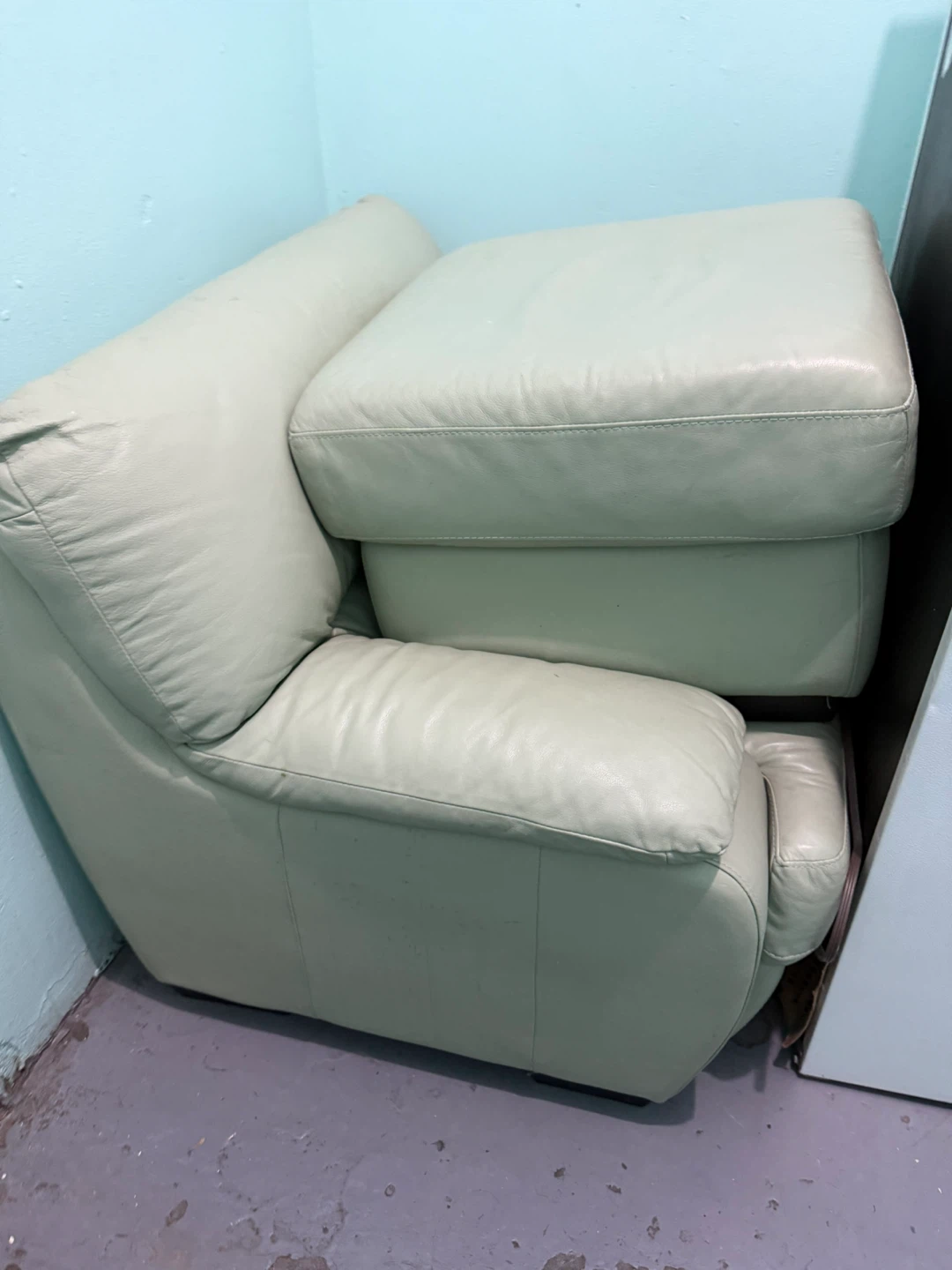 Pale Green Leather Armchair with Ottoman