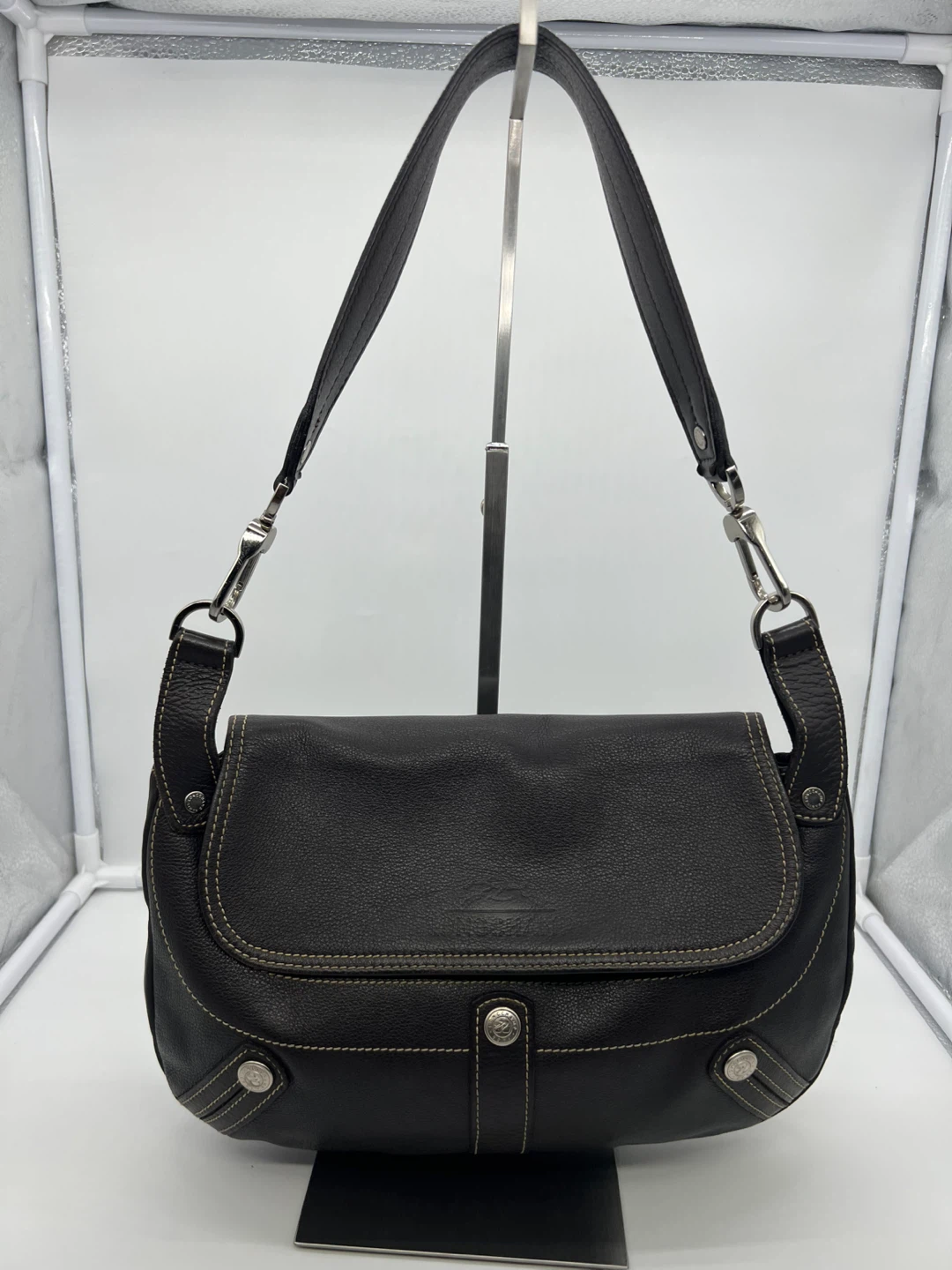 LONGCHAMP VINTAGE Dark Brown Leather Baguette Shoulder Bag