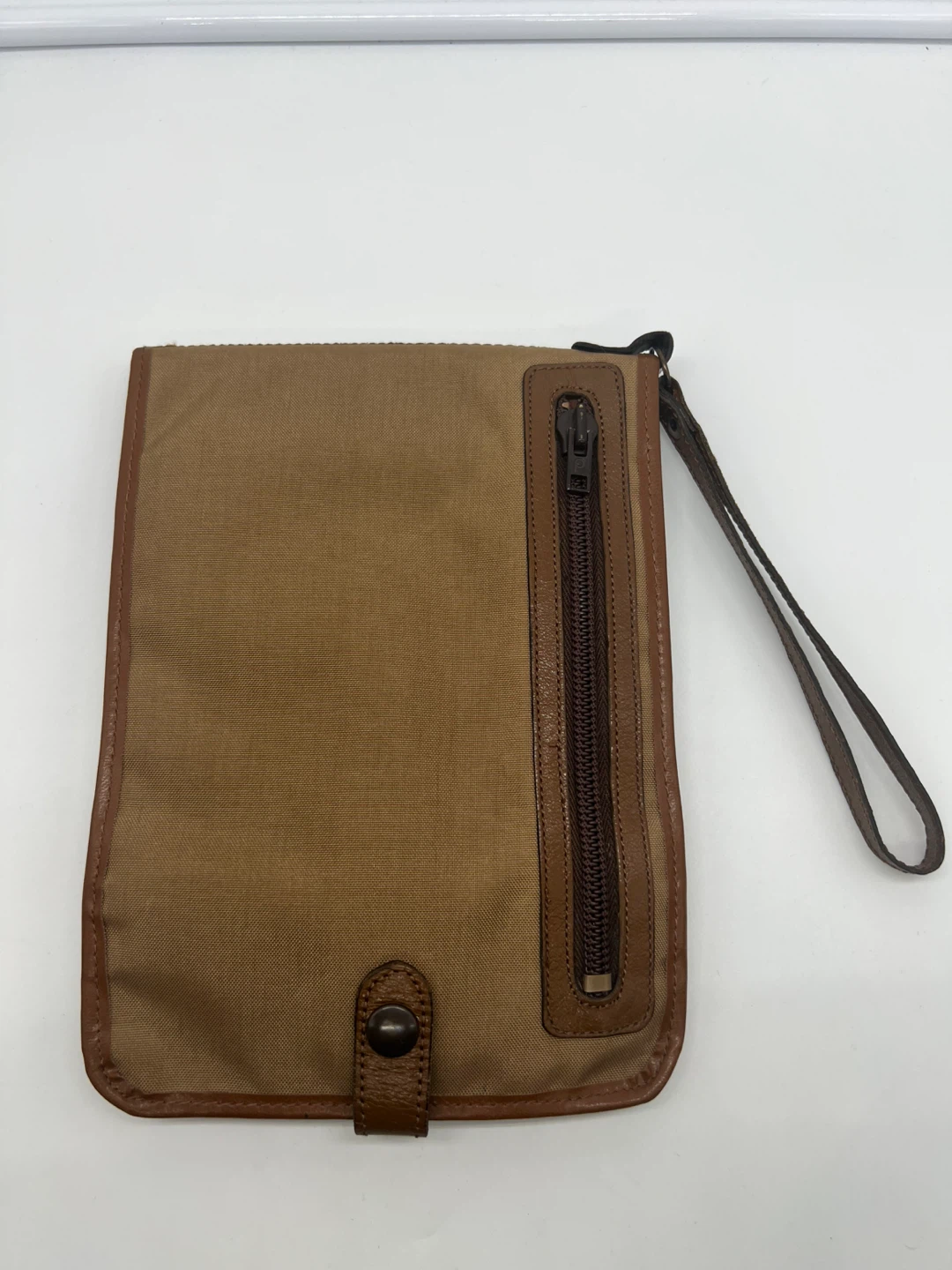 LANCEL VINTAGE Men's Camel Nylon Brown Leather Pochette Clutch - photo 4