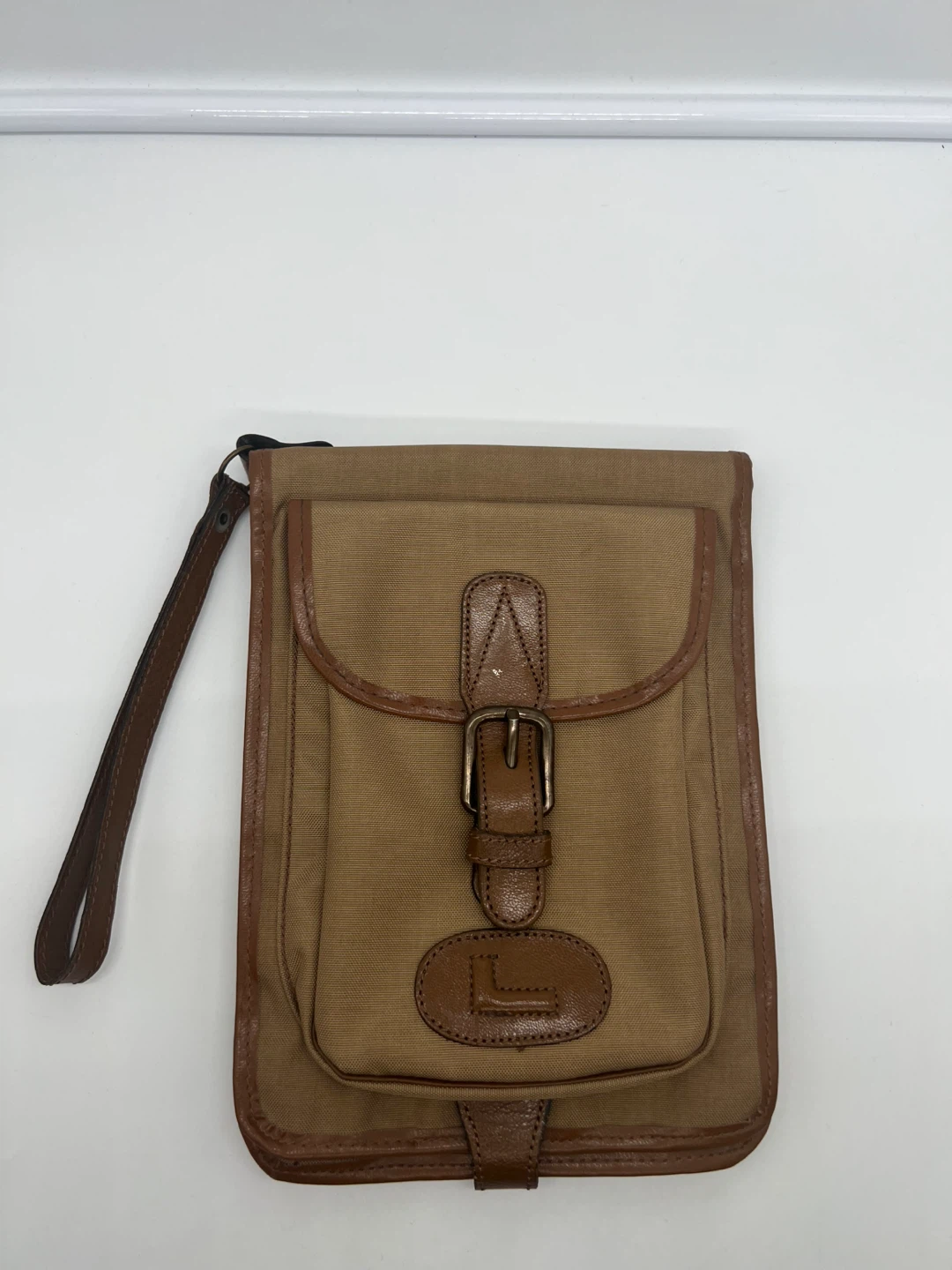 LANCEL VINTAGE Men's Camel Nylon Brown Leather Pochette Clutch - photo 3