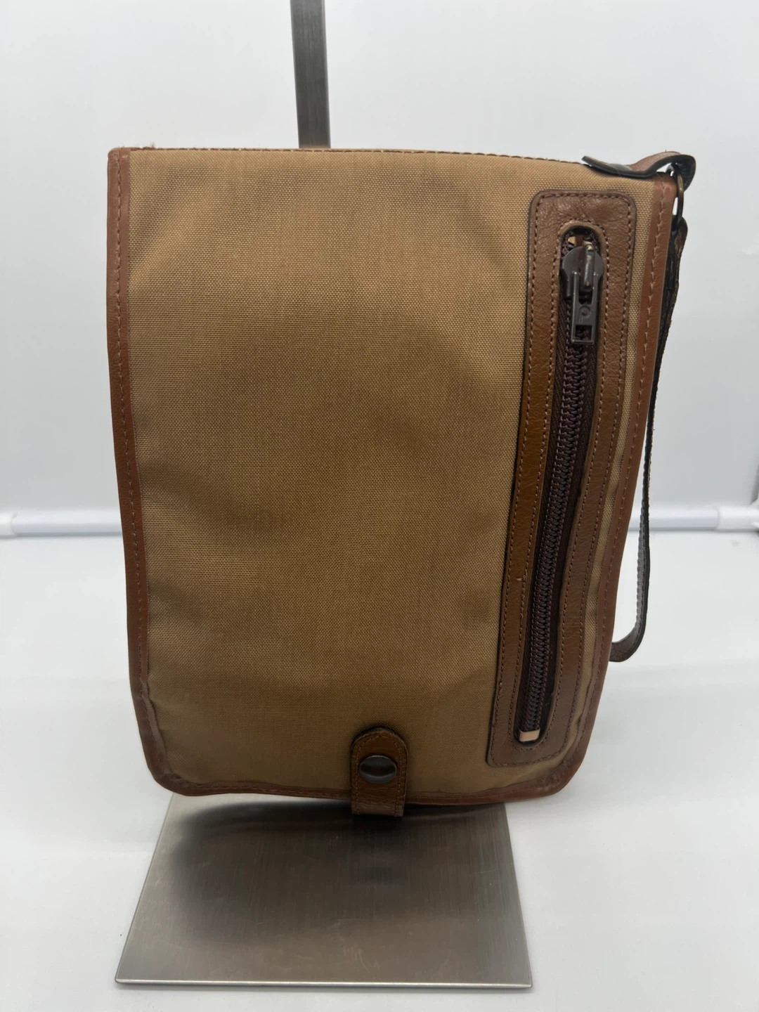 LANCEL VINTAGE Men's Camel Nylon Brown Leather Pochette Clutch - photo 2