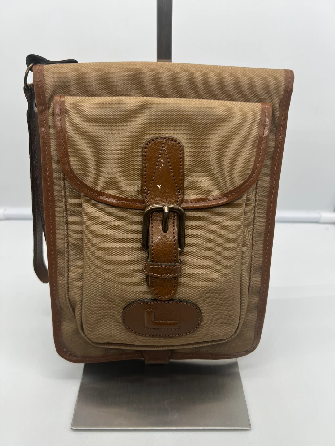 LANCEL VINTAGE Men's Camel Nylon Brown Leather Pochette Clutch