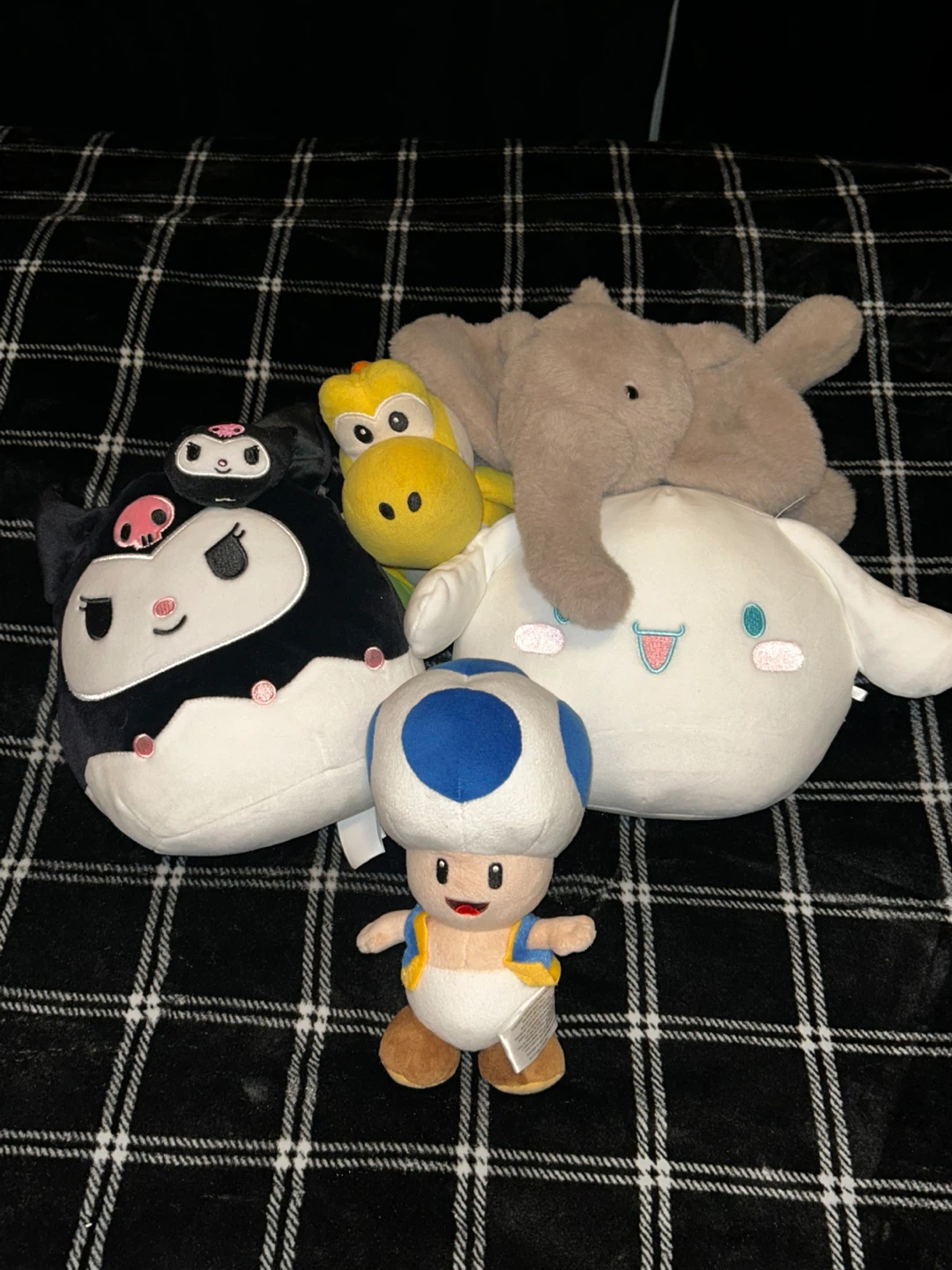 Plush Toys Bundle: Cinnamoroll, Kuromi, Yoshi, Toad, & Elephant