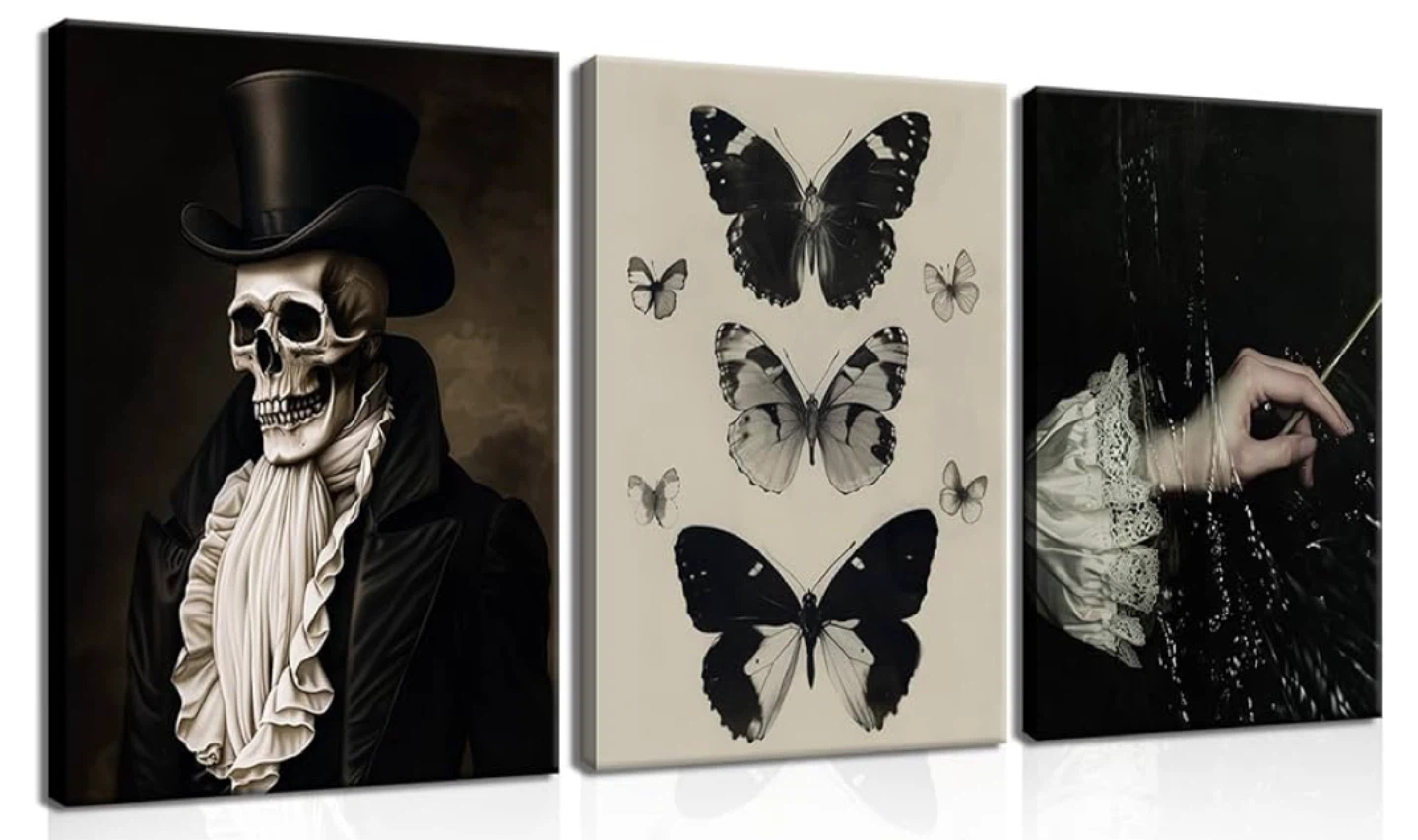 Gothic Skeleton & Butterfly Canvas Wall Art Set