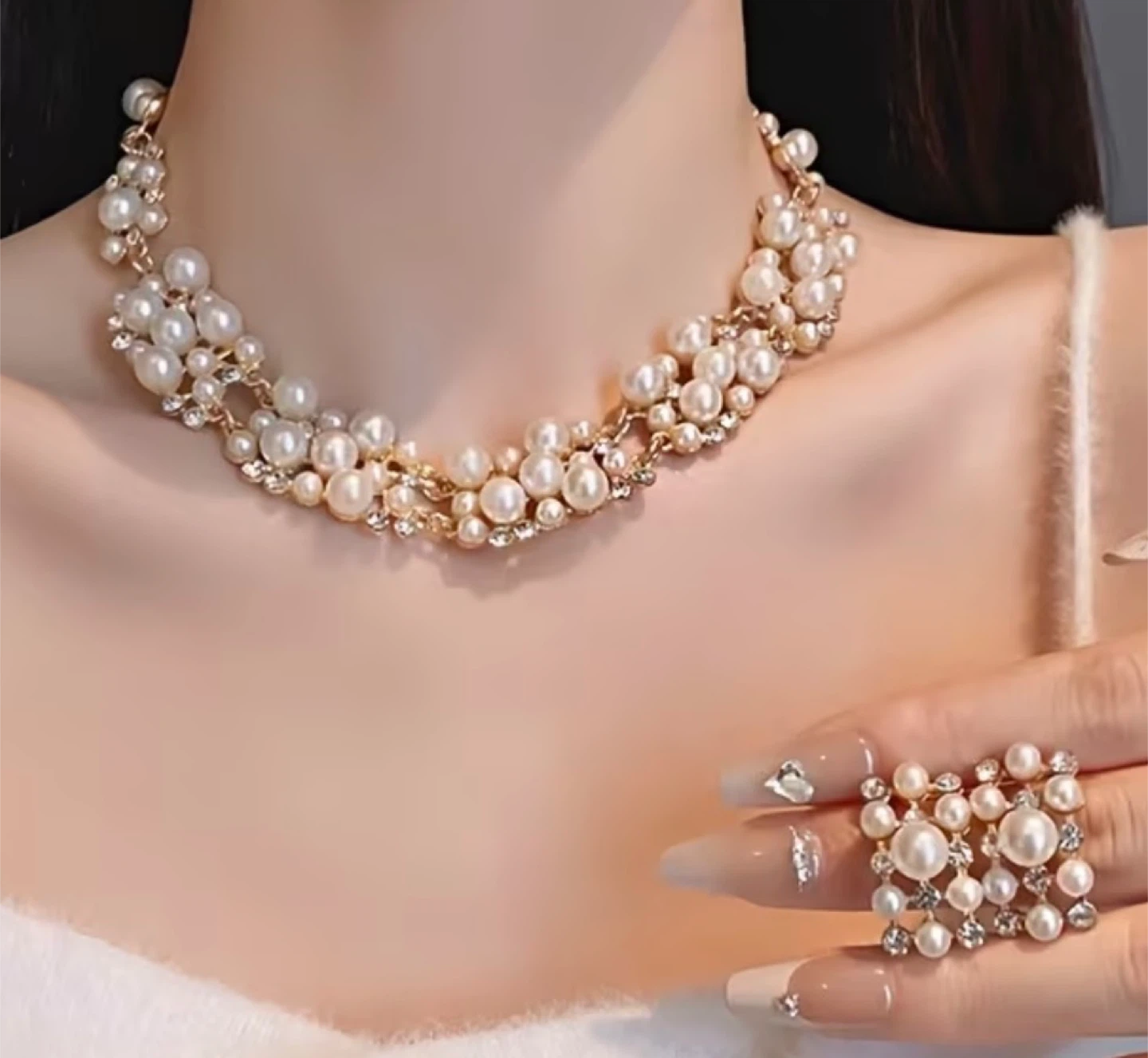Pearl and Rhinestone Necklace and Earring Set - photo 3