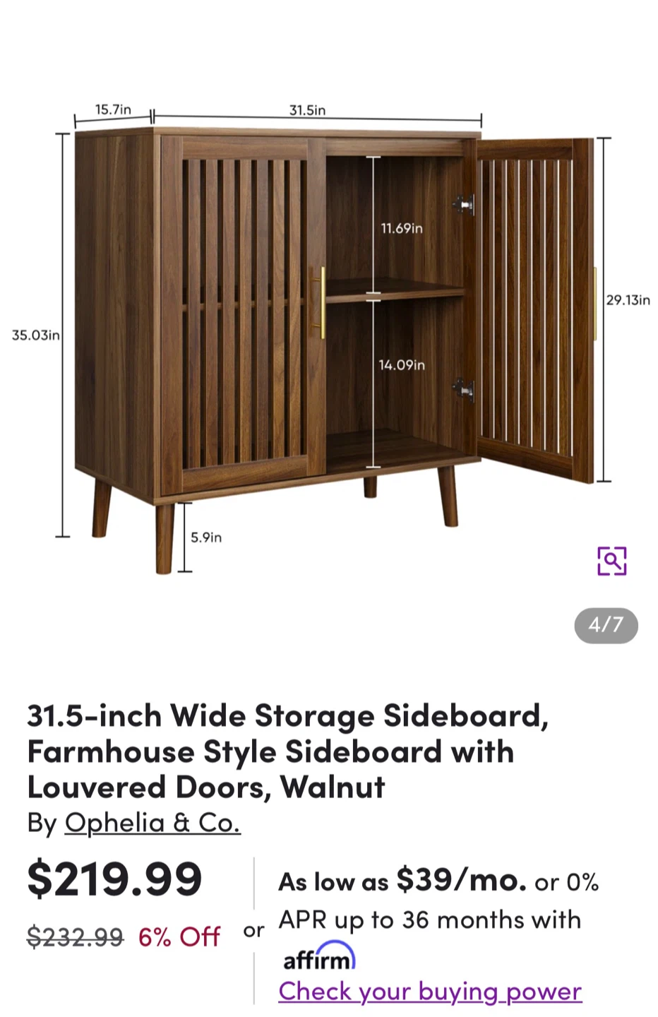 Ophelia & Co. Walnut Storage Sideboard  Louvered Doors - photo 2