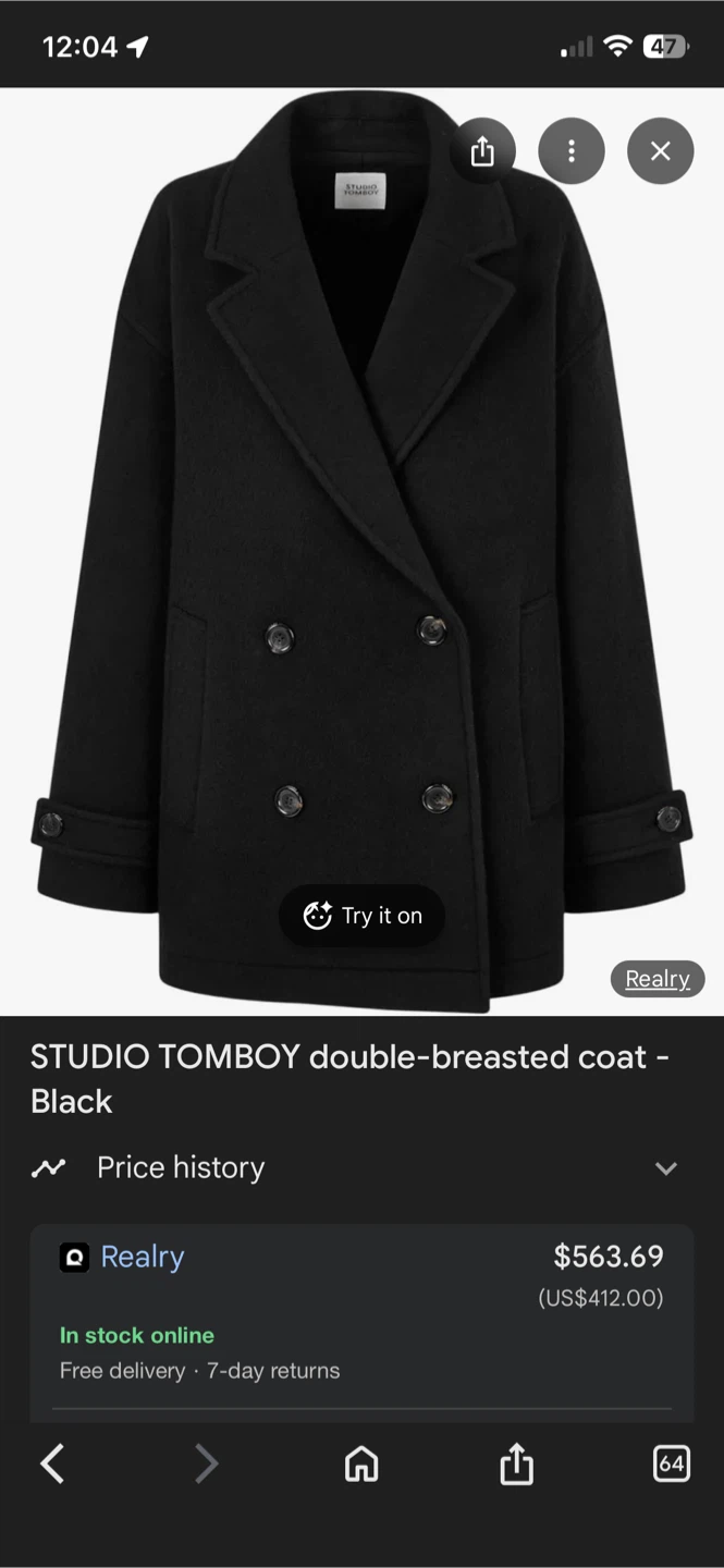 STUDIO TOMBOY Angora Wool Double-Breasted Coat - Black