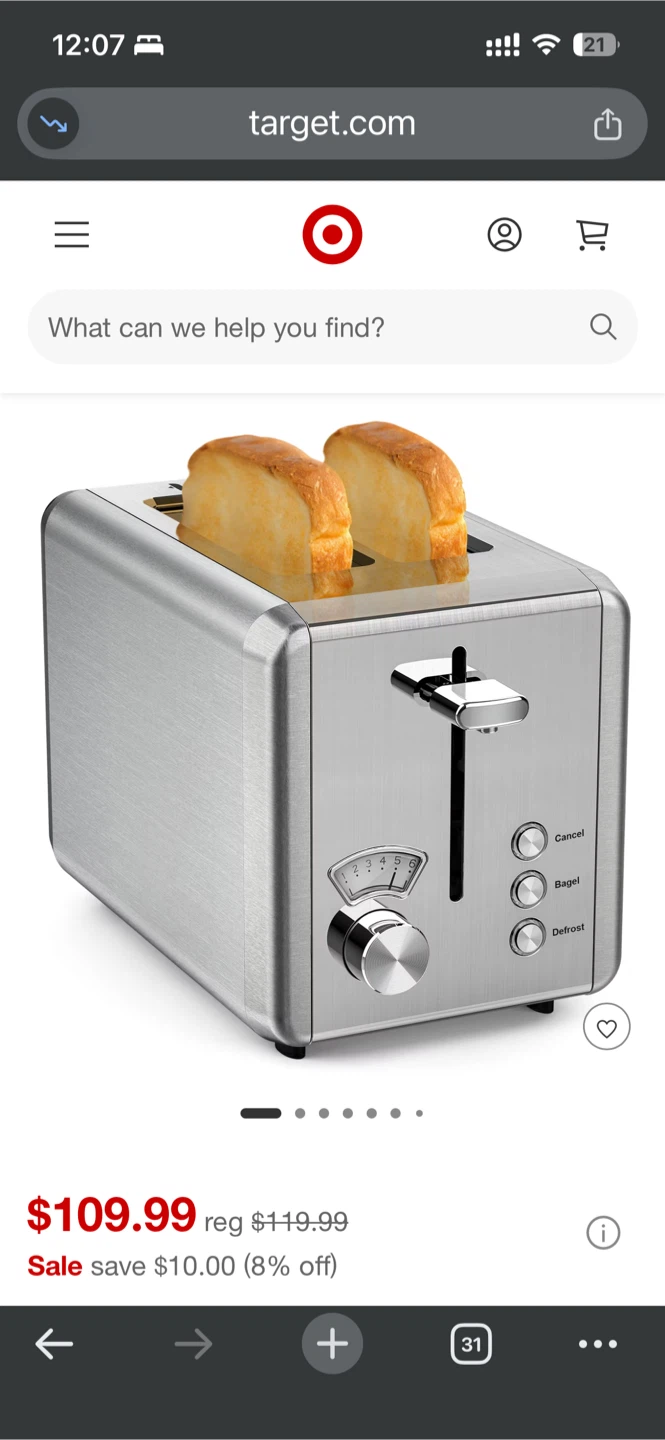 WHALL 2-Slice Stainless Steel Toaster