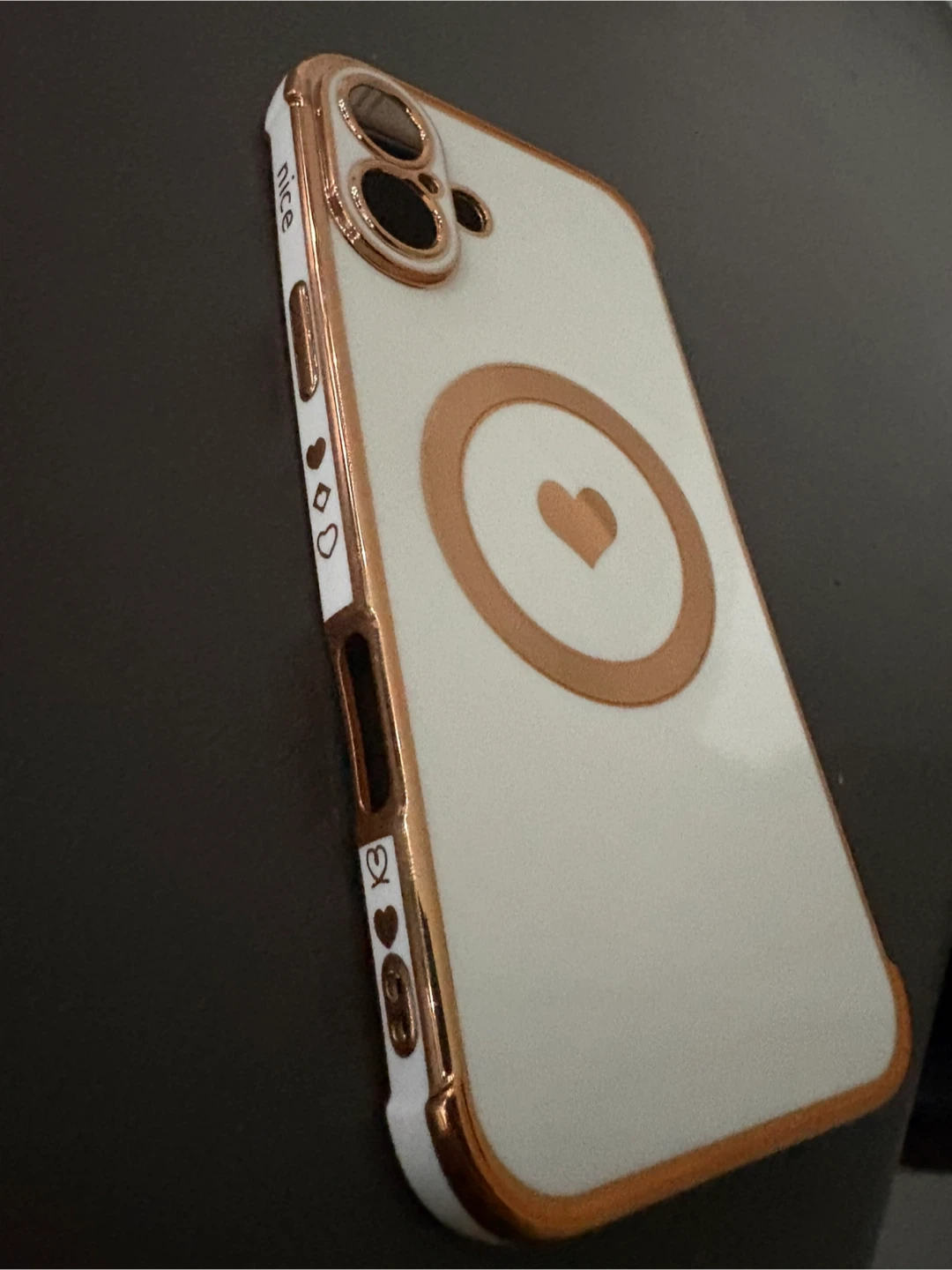White iPhone Case with Rose Gold Trim and Heart Design