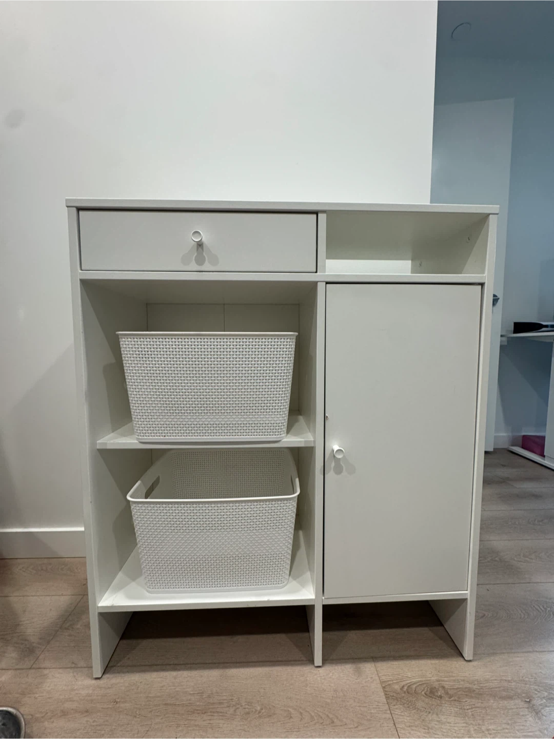 White Storage Cabinet with Drawer and Door