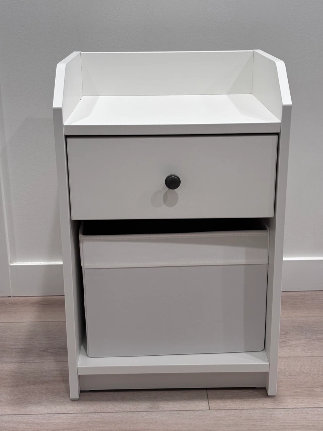 Two White Nightstand with Drawer and Storage Bin