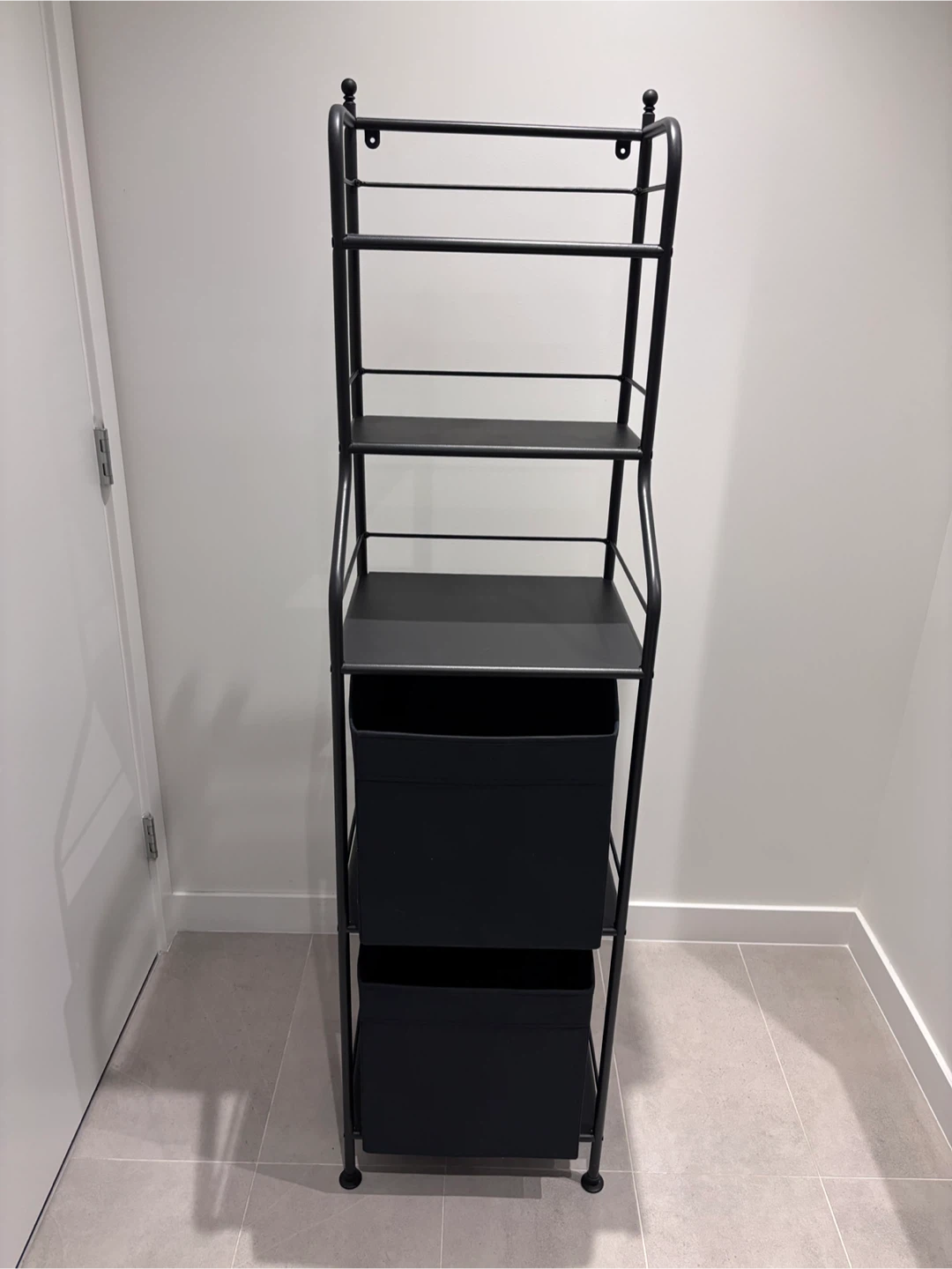 Black Metal Shelf Unit with Storage Bins
