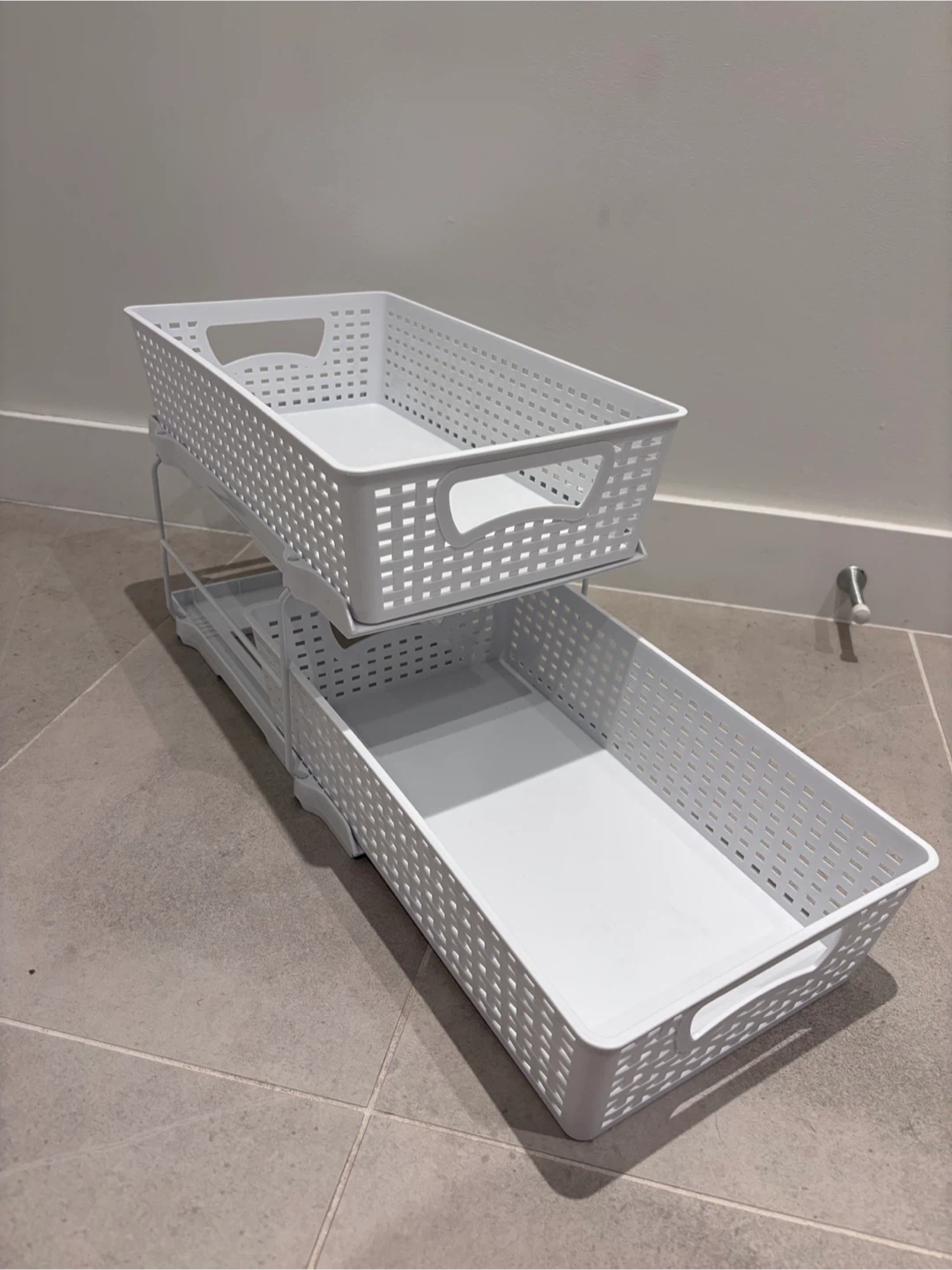 Two White 2-Tier Drawer Organizer Baskets
