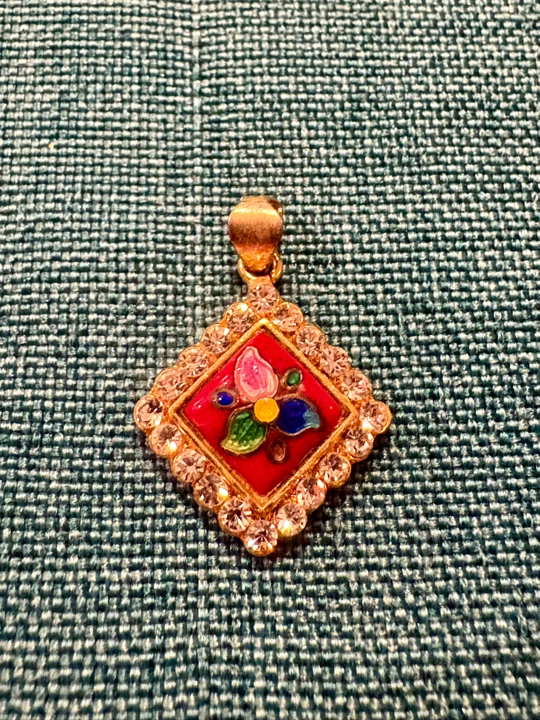 Gold Tone Pendant with Enamel Flower and Crystals