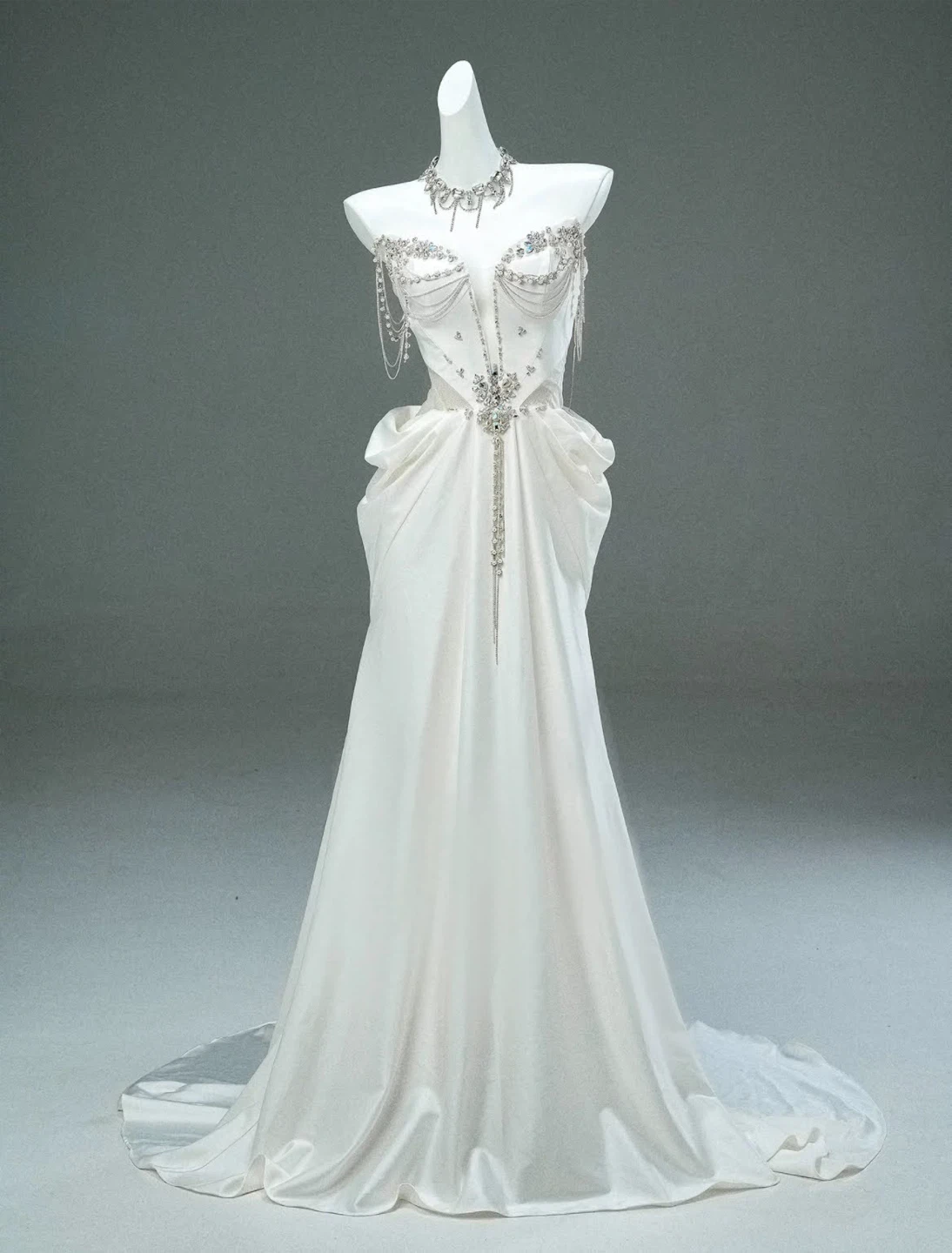 White Strapless Embellished Gown
