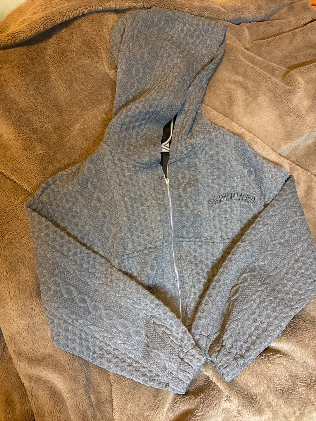 CIDER Grey Textured cropped Zip Hoodie