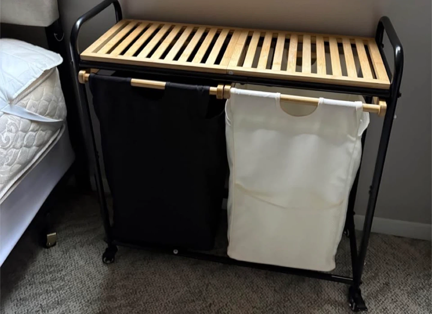 Double Laundry Hamper with Wooden Top Shelf