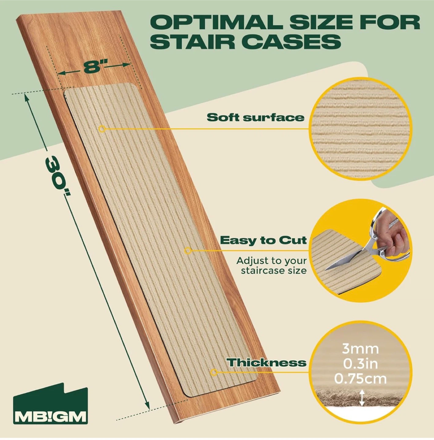 MBIGM 15pc Non-Slip Carpet Stair Treads - 30x8 inch Beige NS38 - photo 3