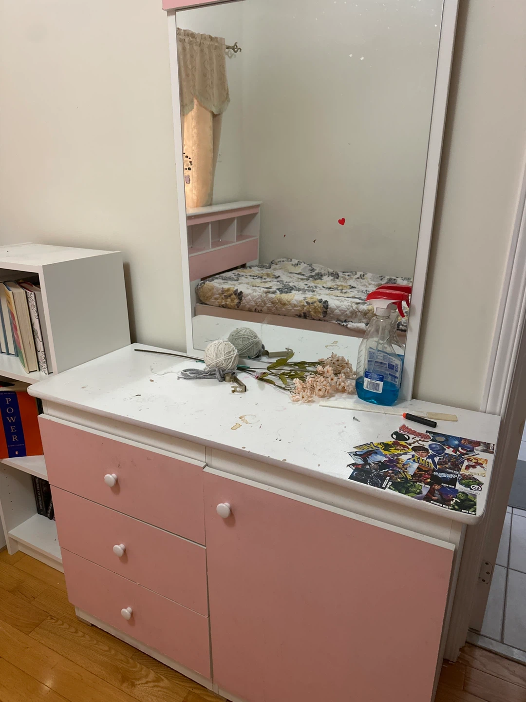 Pink Dresser with Mirror and Bedside Table