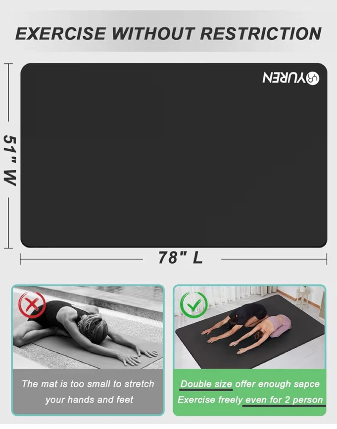 YUREN Large Exercise Mat - 10mm Thick, 78" x 51" - photo 3