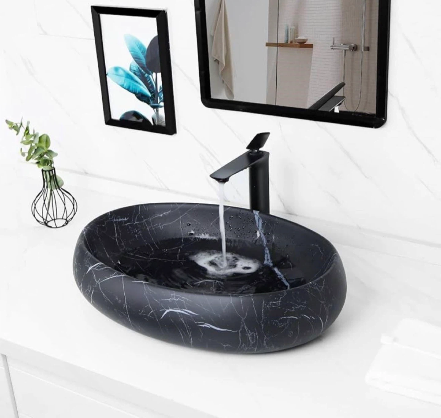 Black Marble Oval Vessel Sink