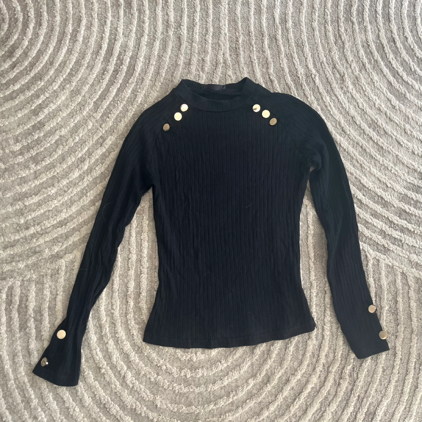 Black Ribbed Long Sleeve Top with Gold Buttons