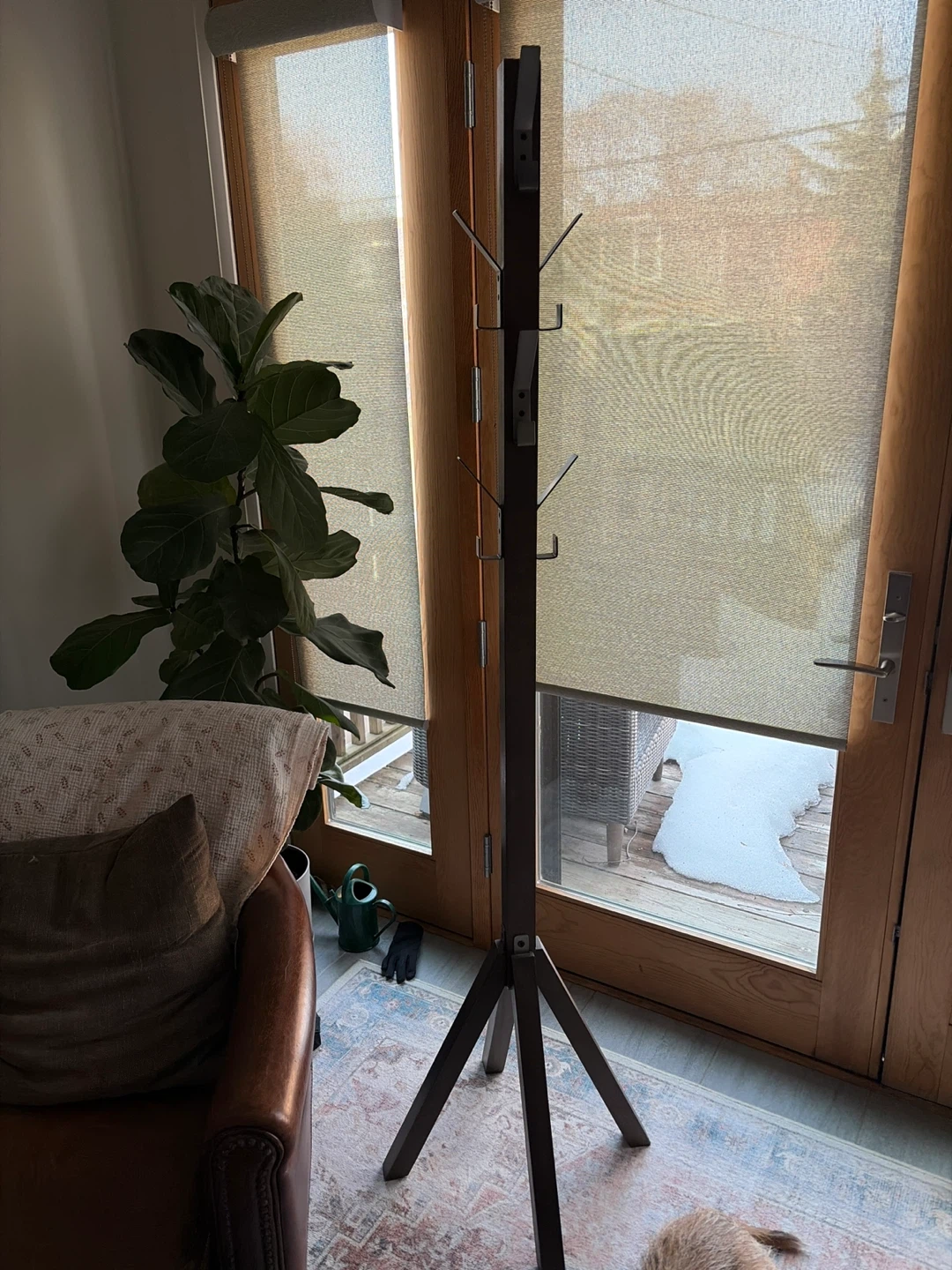 Crate and Barrel Wooden Coat Rack with Metal Hooks