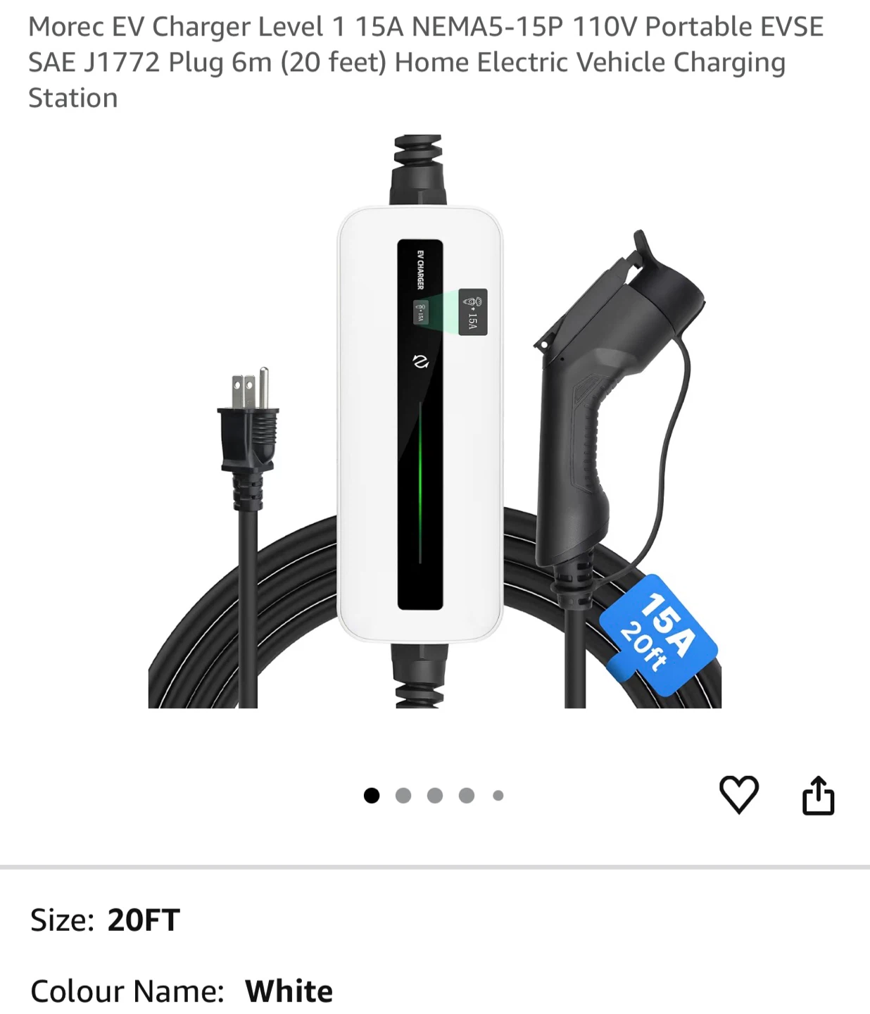 EV Charger Level1 15A 110V 20ft SAE J1772 Charging Station EV12