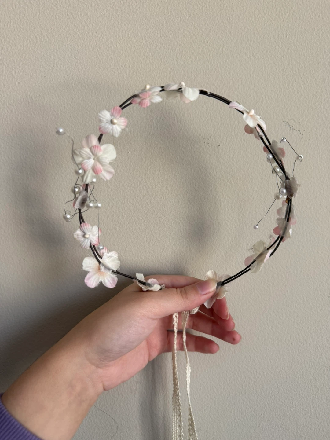 🧡 Flower crown with pink flowers and pearls