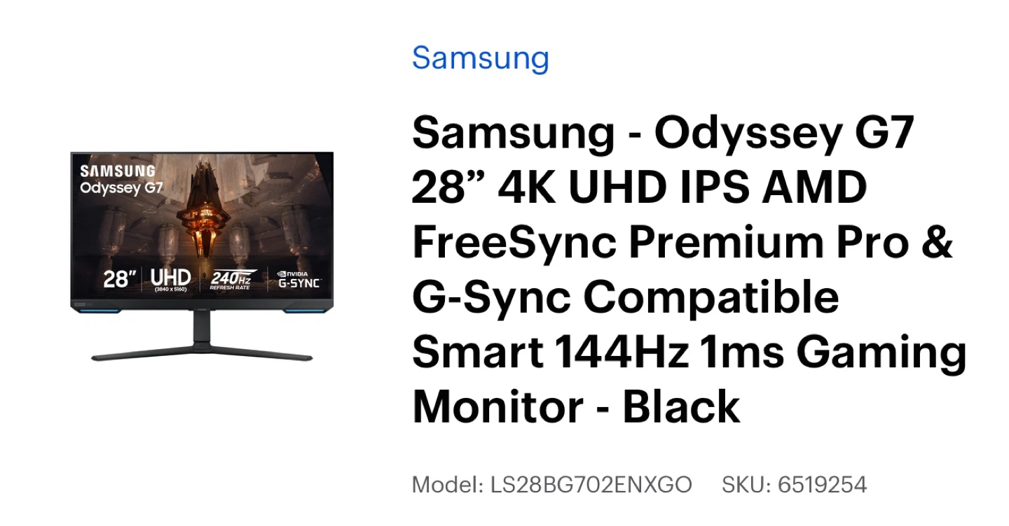Samsung Odyssey G7 28" 4K UHD 144Hz Gaming Monitor - Black